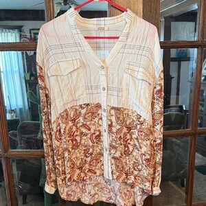 Gimmicks by‎ BKE Womens Small Mixed Media Paisley Grid Button Down Shirt Boho S